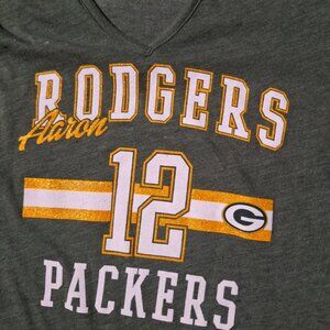 Green Bay Packers Aaron Rodgers #12 Women's V-Neck T-Shirt by Majestic Fan Fashi